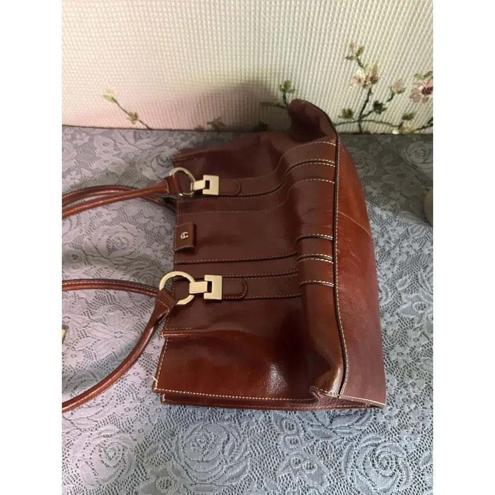 Etienne Aigner Brown Genuine Leather Satchel Handbag Double Handle Gold